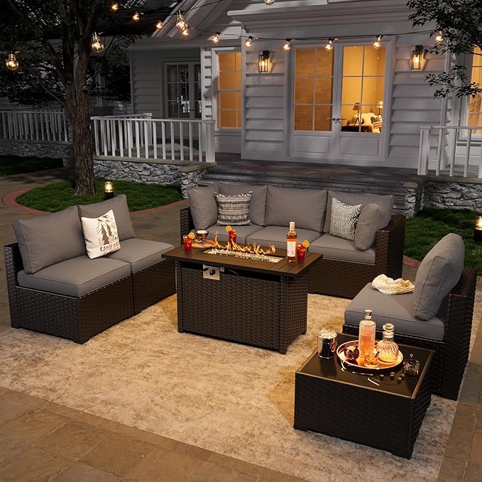 Aoxun 8 Piece Patio Furniture Set with 44” Fire Pit Table Wicker Rattan Patio Sectional Sofa Set Outdoor Seating Furniture with Thickened Cushion, Grey