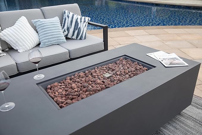AMS Creations | Sedona Fire Pit Table with Pull-Out Propane Tank Storage Drawer | Concrete Rectangular Propane Fire Pit | Modern Outdoor Furniture | Lava Rock and Fabric Cover Included. (Dark Grey)