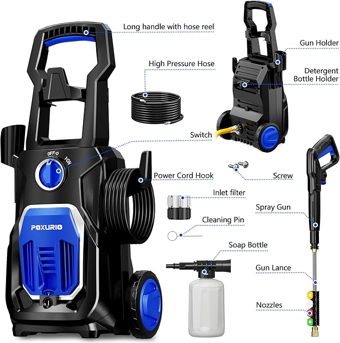 POXURIO Electric Pressure Washer, 4000PSI 2.8 GPM Power Washer with Foam Cannon 35FT Hose Electric High Pressure Washer for Fences, Patios, Decks, Patios and Cars Powerwasher