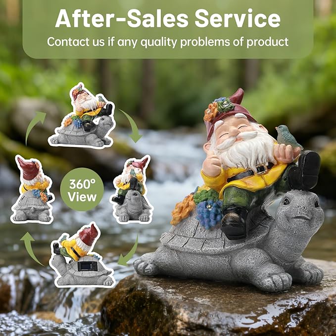 Ayadon Solar Gnome Statue Outdoor Decor, Gnome on Turtle Figurines with LED Light for for Fairy Garden Yard Balcony Lawn Christmas Housewarming Whimsical Gifts for Women Mom Grandma