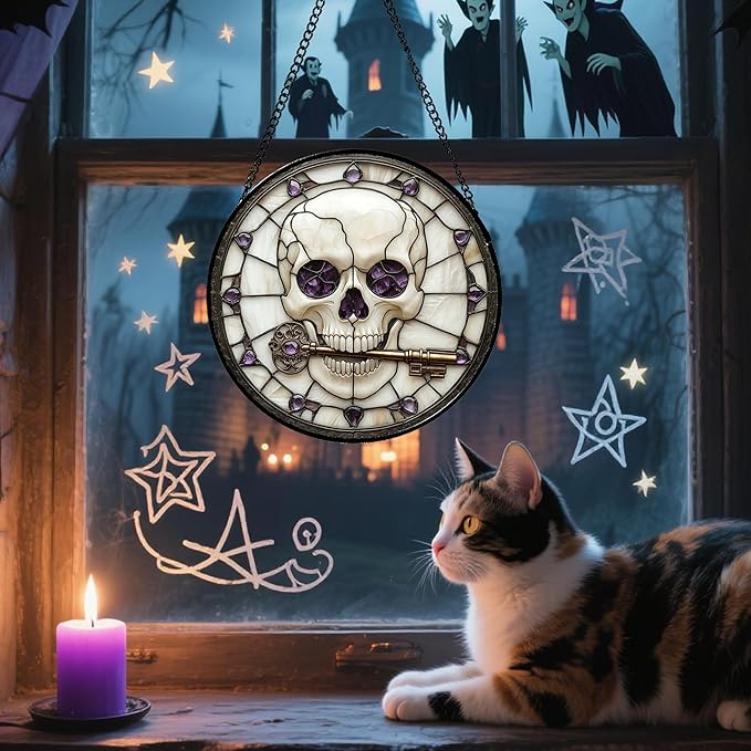 CRISGIF Stained Glass Window Hanging - Halloween Scary Skull Suncatcher for Doors Garden Home Spooky Purple Skeleton Key Sun Catchers Gothic Decor Horror Gifts for Women Men Friend Boy Girl 7.8 in