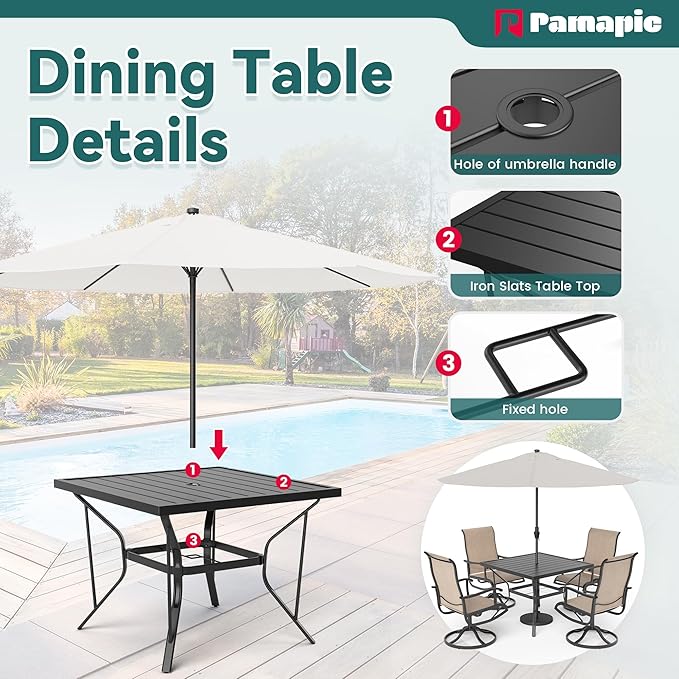 Pamapic 5-Piece Outdoor Dining Set, Patio Dining Set for 4, Outdoor Table and Chairs, All-Weather Outdoor Patio Set with Textilene Swivel Chairs for Garden, Poolside, Deck，Beige
