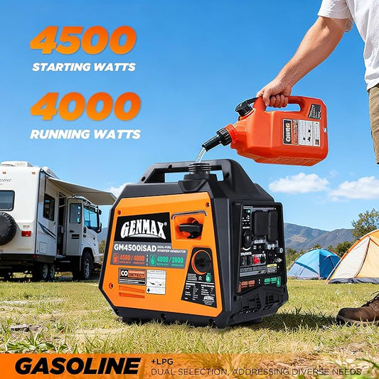 GENMAX Portable Generator, 4500W Super Quiet Gas or Propane Powered Engine with Parallel Capability, Manual start, Ideal for Camping Travel Outdoor.EPA Compliant (GM4500iSAD)