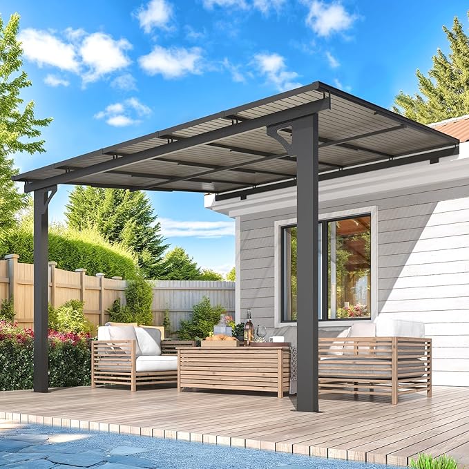 AECOJOY 10' x 10' Adjustable Height Outdoor Gazebo Pergola for Patio, Large Wall-Mounted 8.1-9.8 Ft Hard Top Lean to Metal Heavy Duty Metal Awnings Shelter Pergolas and Gazebos Clearance with Roof