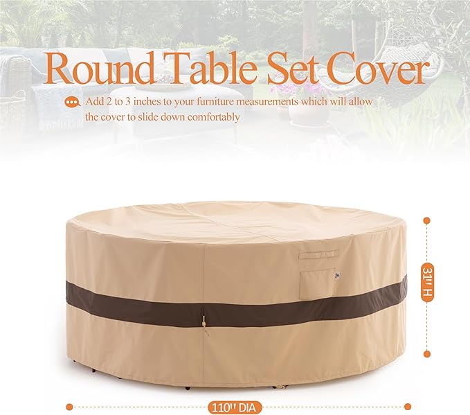 WJ-X3 Round Patio Furniture Cover, 110" D x 31" H, Waterproof, UV Resistant, Anti-Fading Outdoor Cover for Round Dining Table and Chairs Set, Beige & Coffee