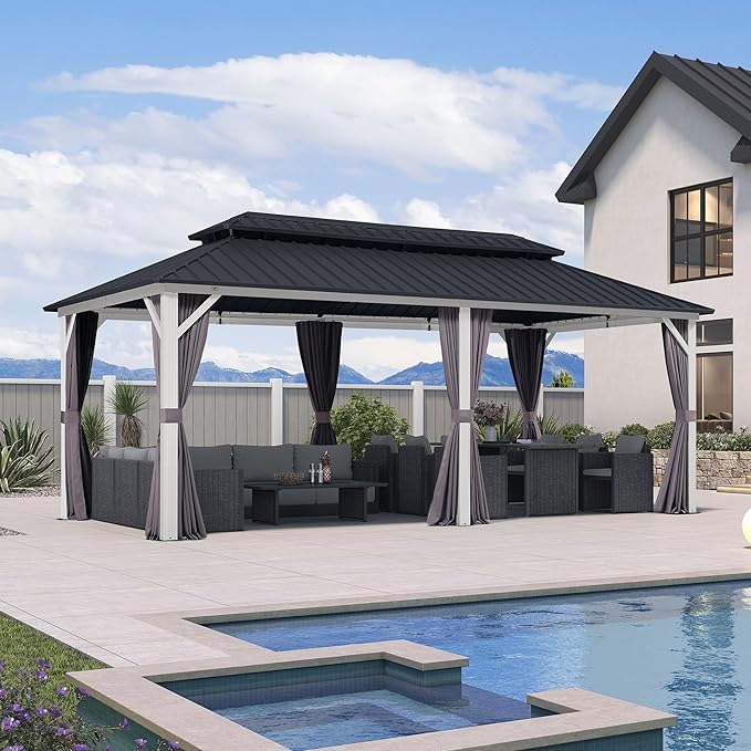 PURPLE LEAF 10' X 20' Hardtop Gazebo Metal Double Roof White Aluminum Frame Outdoor Heavy Duty Gazebo with Curtain and Netting for Patio Garden and Backyard, Grey