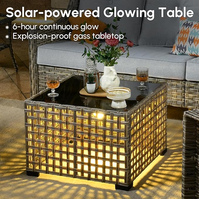 5 Pieces Patio Outdoor Furniture Set with Swivel Rocking Chairs,All Weather Wicker Rattan Patio Seating Sofa and Chair Set w/Glowing Table,Outdoor Conversation Sets for Deck Yard Garden,Grey