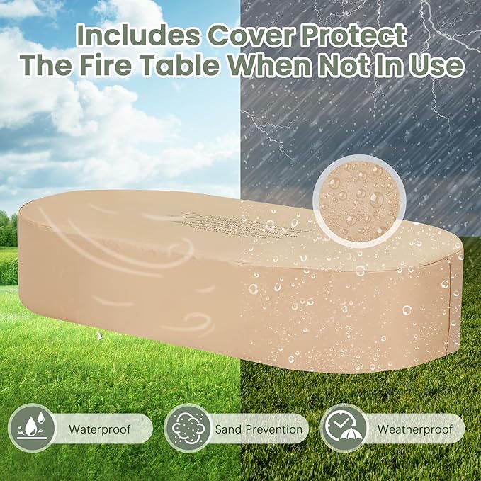 ECOTOUGE 2-Piece Gas Fire Pit, 56''Outdoor Propane Fire Pit Table Set w/Tank Cover, Auto-Ignition Steel Fire Table, 50,000 BTU Oval Concrete Fire Pit w/Weather-Resistant Pit Cover, Lava Rocks, White
