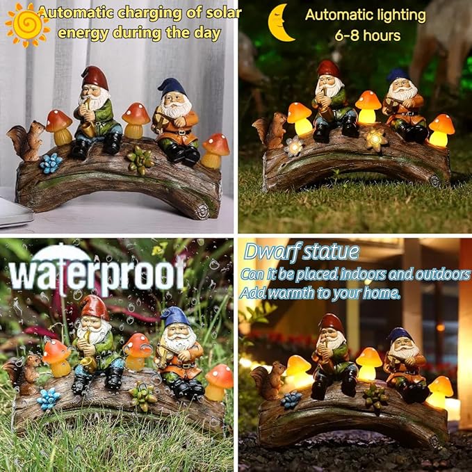 Jy.Cozy Funny Garden Gnome Statue Solar Powered Mushroom Figurine with Squirrel Gnome Durable Resin Outdoor Decoration for Patio Yard Lawn Ornament Housewarming Gift
