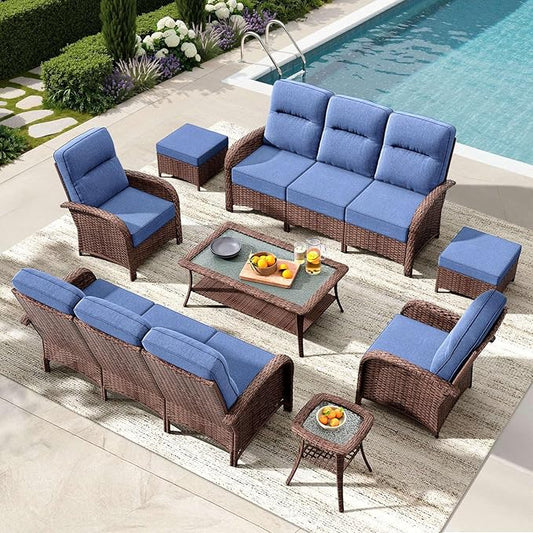 8-Piece Patio Furniture Set with 6-Inch Thick Cushions, High Back Outdoor Couch and Arm Chairs, All-Weather Conversation Set for Porch, Deck, Yard, Pool in Blue