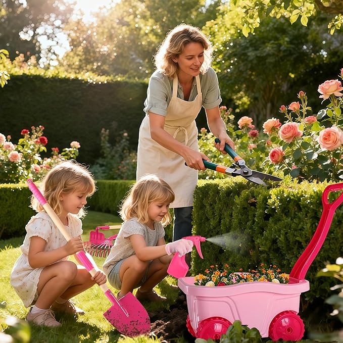 Duckura Kids Gardening Tools Set - 7pcs Wheelbarrow Set for Kids with Shovel, Rake, Leaf Rake, Summer Outdoor Yard Digging Weed Toys, Valentine's Birthday Gifts for Boys Girls Age 2 3+ Years Old(Pink)