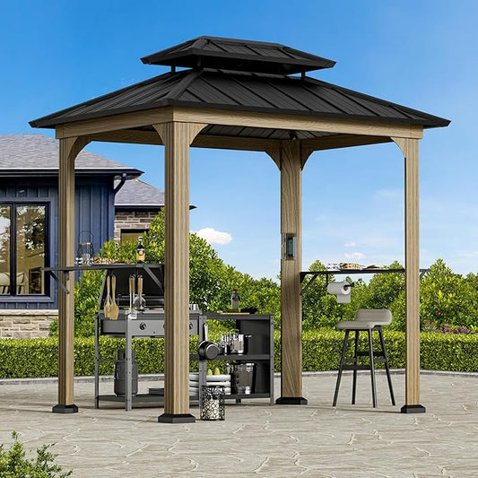 Modern Shade Grill Gazebo 6' X 8', Aluminum BBQ Gazebos with Shelves and Ceiling Hook, Grill Canopy Hardtop with Galvanized Steel Roof, Outdoor Grill Gazebo with Extra-Wide Column Design, Wood Grain
