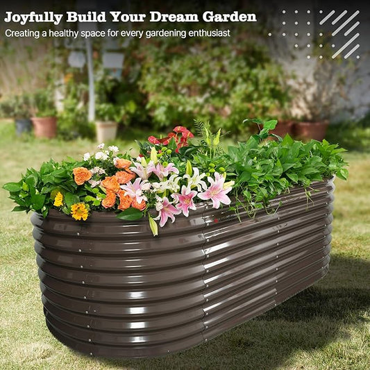 A ANLEOLIFE 30" Extra Tall Galvanized Raised Garden Beds Outdoor, 8x4x2.5ft Oval Metal Planter Boxes for Planting Vegetables, Flowers, Fruits, Eco-Safe & Easy Setup, CaféBronze