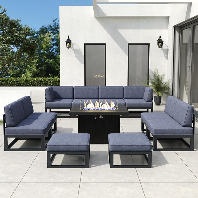 11 Pieces Aluminum Patio Furniture Set with Propane Gas 44" Fire Pit Table, Metal Outdoor Conversation Sofa Set with Seating Cushions