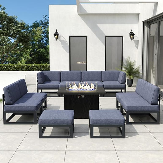 11 Pieces Aluminum Patio Furniture Set with Propane Gas 44" Fire Pit Table, Metal Outdoor Conversation Sofa Set with Seating Cushions