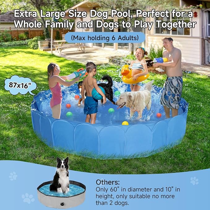 Alvantor Extra Large Foldable Dog Pool for Large Dogs, 87" x16'' Non-Slip Pet Pool 5 Layers Protection Heavy Duty Steel & Oxford Fabric Kids Pool Portable Outside Swimming Pool for Backyard - Blue
