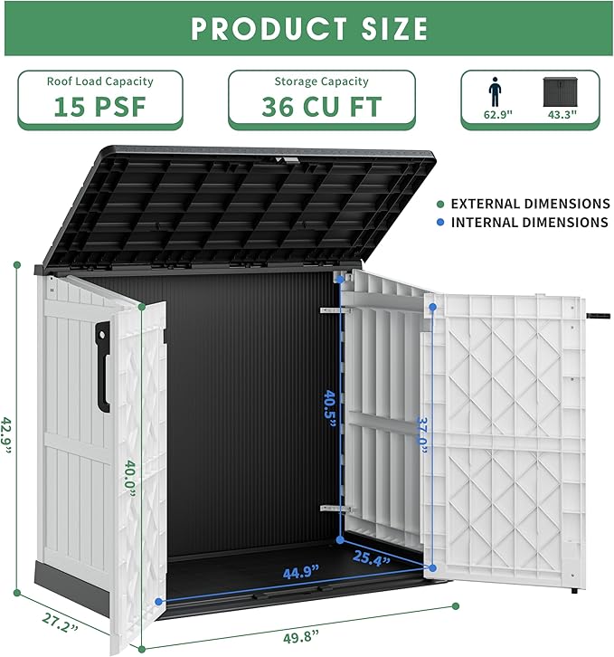 Resin Outdoor Storage Shed 36 Cu Ft with Lockable Doors–Weather Outside Organizing Solution, Plastic Outdoor Storage Cabinet for Gardens,Garages,Backyards and Home Organization-White