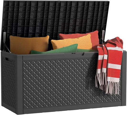 EasyUp 120 Gallon Outdoor Storage Box Waterproof, UV Resistant Resin Deck Box with Hydraulic Rod, Reinforced Stability for Patio, Garden, Quad Leaf Black