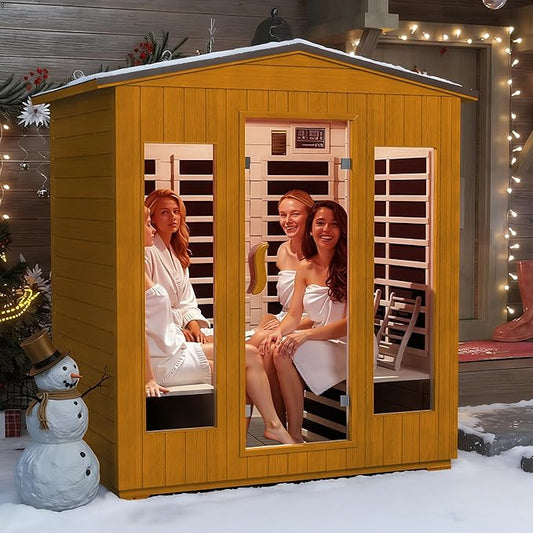 Springspa Outdoor Sauna 4 Person, Infrared Sauna for Home, Wooden Outdoor Saunas Room, 3400 Low EMF Far Infrared with Bluetooth, LCD Panel, 7 Color Chromotherapy Lamp, Reading Lamp