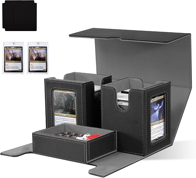 ZLCA Card Deck Box with Commander window Display, MTG Deck Box with Dice Tray Holds 200+ Double-Sleered Cards,Card Storage Case fit for YuGiOh,MTG,Sport (Black&Grey)