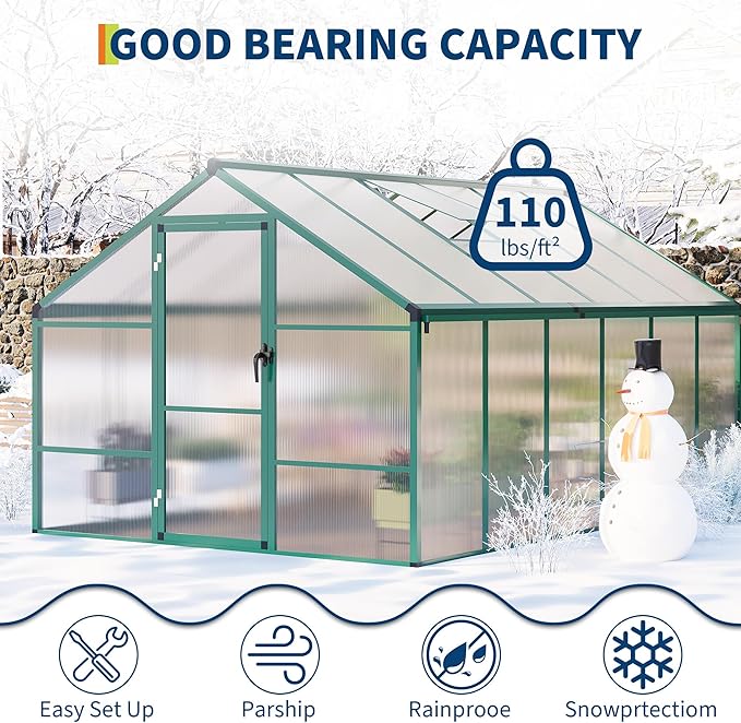 8x12 ft Greenhouse for Outdoors, Polycarbonate Greenhouse with Roof Vent, Ground Nails, Lockable Push Door, Aluminum Large Walk-in Green House for Outside Garden Backyard, Patio, Lawn, Green