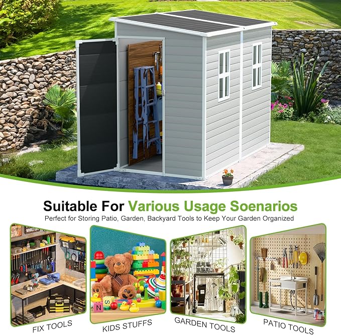 4x8 FT Lean-to Resin Shed with Floor Included, Waterproof Plastic Storage Cabinet, Garden Tool Sheds for Outdoor Wall