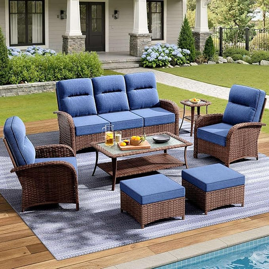 7-Piece Patio Furniture Set with 6-Inch Thick Cushions, High Back Outdoor Couch and Arm Chairs, All-Weather Conversation Set for Porch, Deck, Yard, Pool in Blue