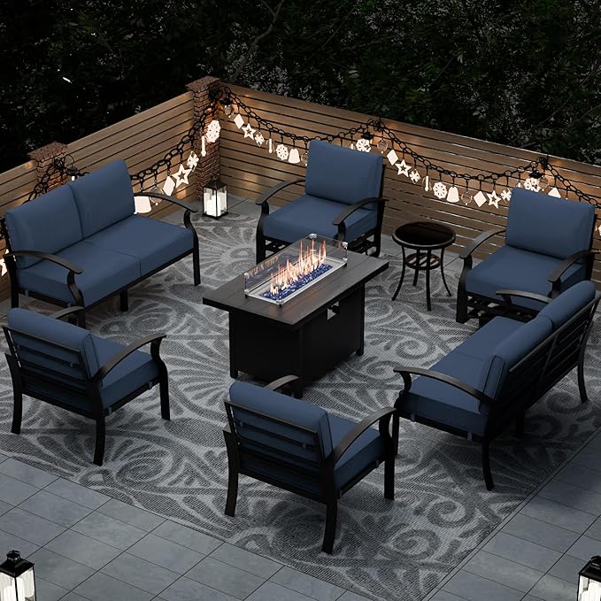 Aluminum Patio Furniture Set with Fire Pit Table, 8 Seats Outdoor Patio Conversation Sets with Swivel Chair Modern Metal Patio Sectional Sofa with Upgrade Cushions for Patio, Backyard Navy
