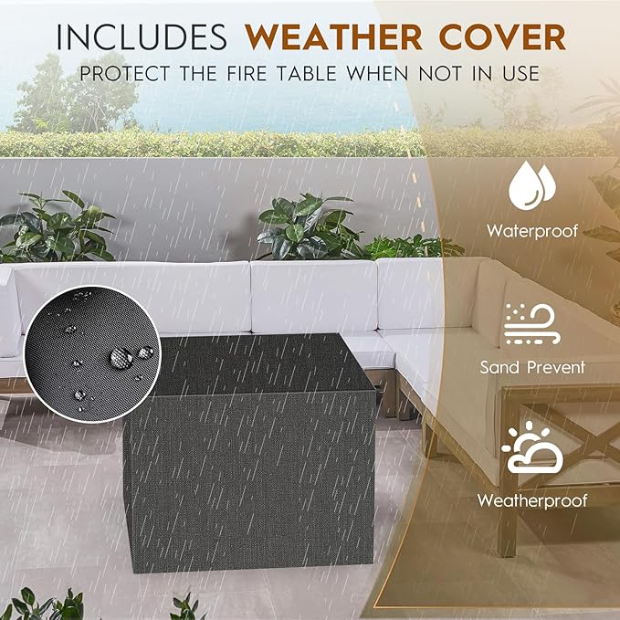 32 Inch Outdoor Fire Pit Table, 50,000 BTU Square Propane Fire Pit with Lid, Lava Rocks, Weatherproof Cover, Alloy Steel Gas Fire Pits for Outside Patio, CSA Certified, Gray