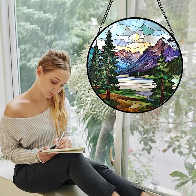 HKDGOKA Stained Glass Window Hanging Sunset View of Green Trees Mountain 9.8" - Suncatcher Door Garden Sun Catcher Home Decor Birthday Christmas for Woman Nana Friend Men Mom