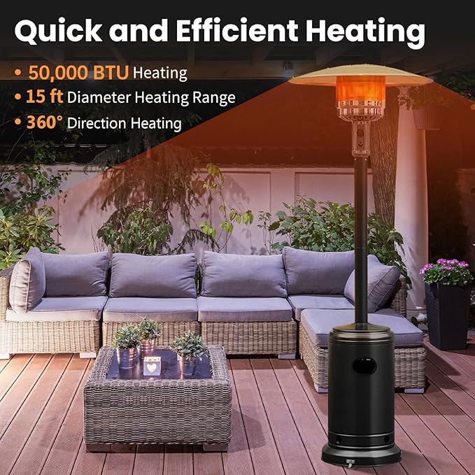Tangkula 50,000 BTU Propane Outdoor Heater, Patio Heater with Stainless Steel Burner, Tip-over Protection and Wheels, Outdoor Heaters for Patio Commercial and Residential (Black)