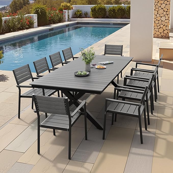 Pellebant 94" Outdoor Dining Table for 6-8, Aluminum Patio Dining Table with Umbrella Hole, Waterproof Wood-Like Tabletop for Lawn Garden Backyard, Grey