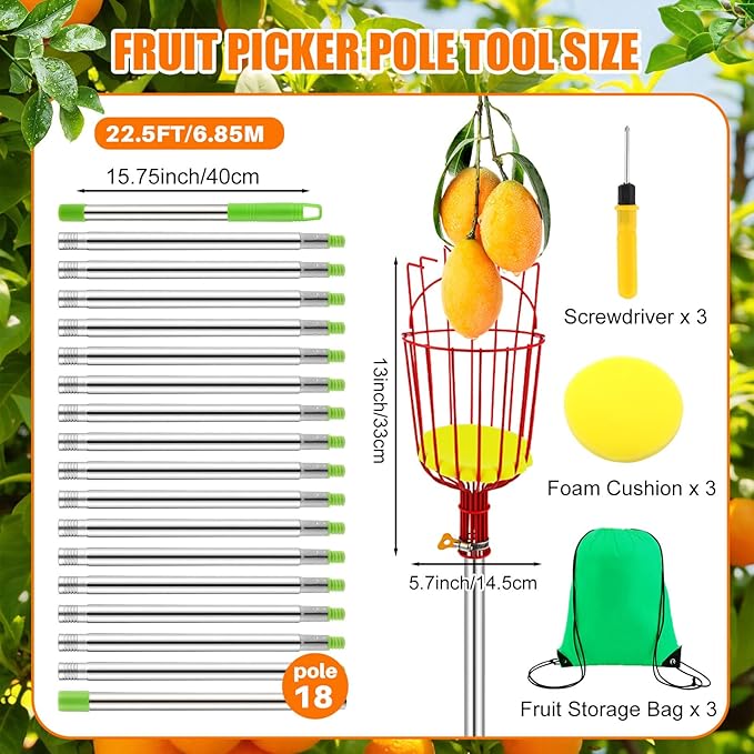 Lasnten 3 Set Fruit Picker Pole Tool with Basket Long Handle 22.5 ft Adjustable Apple Picker Tool Fruit Pick Equipment for Avocado Acorn Lemon Oranges Pear Mango Picking