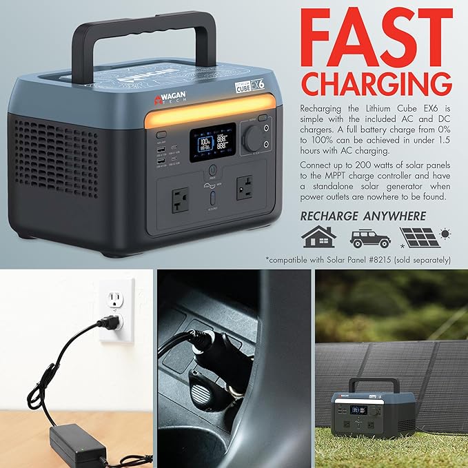 Wagan EL8838 Portable Power Station 600W Lithium Cube Solar Generator 512Wh LiFePO4 Battery Fast Charge 600W 1000W peak AC/100W USB-C for Home Backup, Power Outages, Outdoor Camping, Off-grid