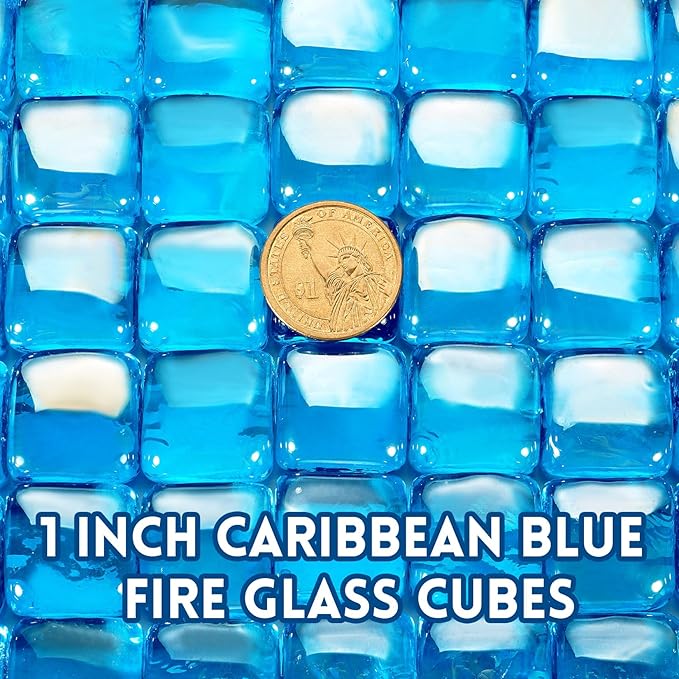 GasSaf Caribbean Blue Fire Glass Cubes for Outdoor Fire Pit, Fireplace, Replaces Existing Gas Logs & Lava Rocks, 1 Inch Glass(10 Pound)(Caribbean Blue Luster)