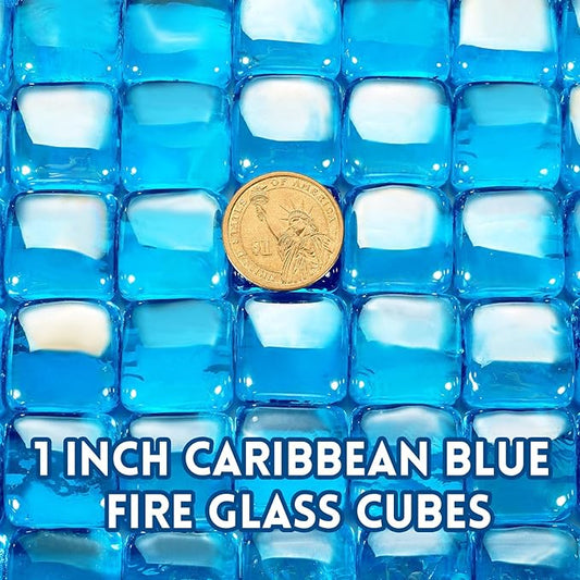GasSaf Caribbean Blue Fire Glass Cubes for Outdoor Fire Pit, Fireplace, Replaces Existing Gas Logs & Lava Rocks, 1 Inch Glass(10 Pound)(Caribbean Blue Luster)