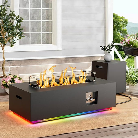 Dineli 2-Piece Outdoor Propane Fire Pit Table Set w Tank Table 42'' Rectangular Gas Fire Pits for Outside Patio 2-in-1 Table Fire Pit Tabletop w LED, 50,000 BTU (Black with RGB Light)