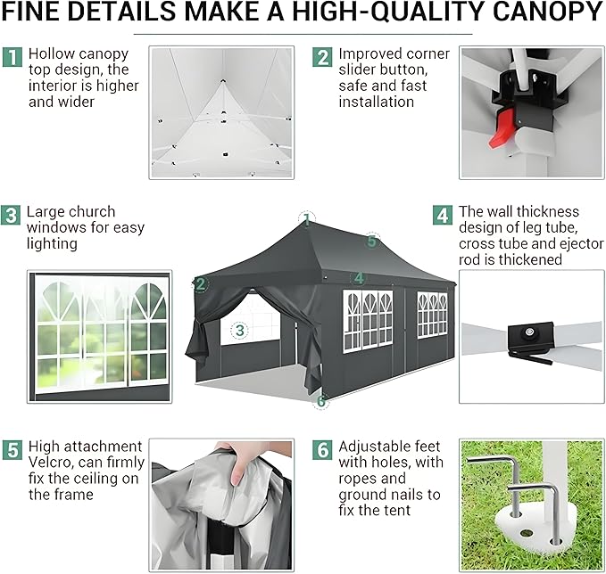 COBIZI 10x20 Pop Up Canopy with 6 Sidewalls, Conical Party Tent 10x20 with 3 Adjustable Height Waterproof, UV-Resistant with Carry Bag, Sandbag, Stake, Ropes for Parties, Commercial (Frame Upgraded)