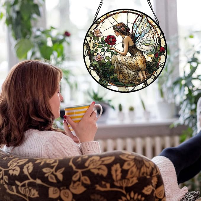 JOSUMALY Stained Glass Window Hanging - Butterfly Flower Fairy Suncatcher for Door Terrace Garden Home Decor Yellow Green Plants Sun Catcher Birthday Gifts for Lovers Women Men Dad Mom Nana 6.3 in