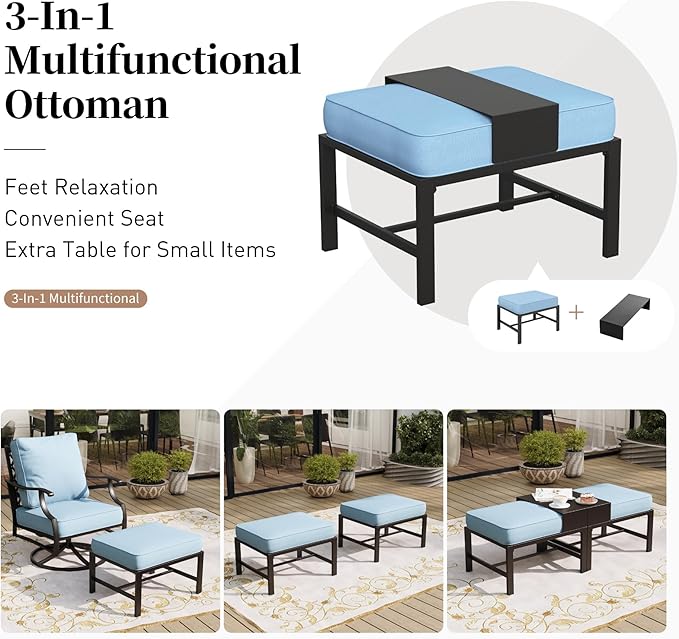 5 Piece Metal Outdoor Patio Furniture Sets, Patio Conversation Sets 1 3-Seater Sofa, 2 Swivel Chairs, 2 Ottomans with 5.75" Thick Cushion, Black All-Weather Backyard Furniture, Blue