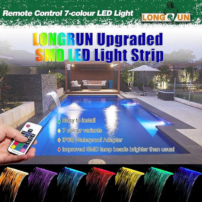 LONGRUN Pool Fountain Stainless Steel Outdoor Pond Spillway Waterfall with Wider Water Flow Platform Multi-Color LED Light Spray Indoor Waterfall Fountains for Garden-11.8"