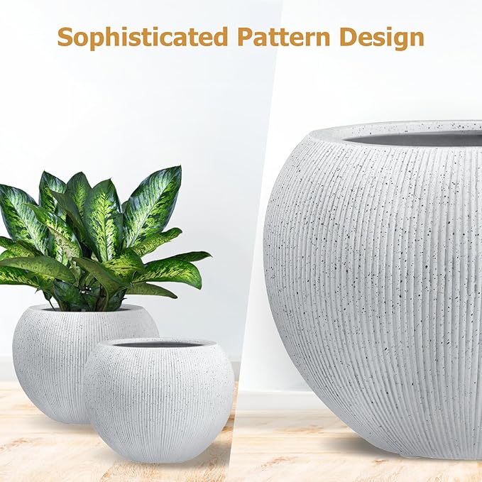 12.8" H x 16" D Globo Fiberstone Round Planter - Christmas Tree Planter, Ribbed Finish, Planters for Indoor Plants & Outdoor, 2 Extra Coco Mats (Speckled White, 10.7" Pot Opening)