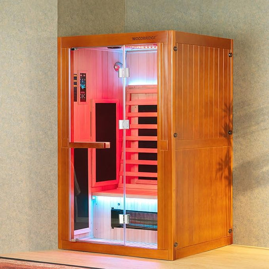 Woodbridge Infrared Home Sauna Room 2 Person Japanese Cedar Indoor Sauna with 7 Carbon Heaters, Red Light Therapy, Bluetooth Speaker, Intelligent Control Panel, Tempered Glass & Top Vent