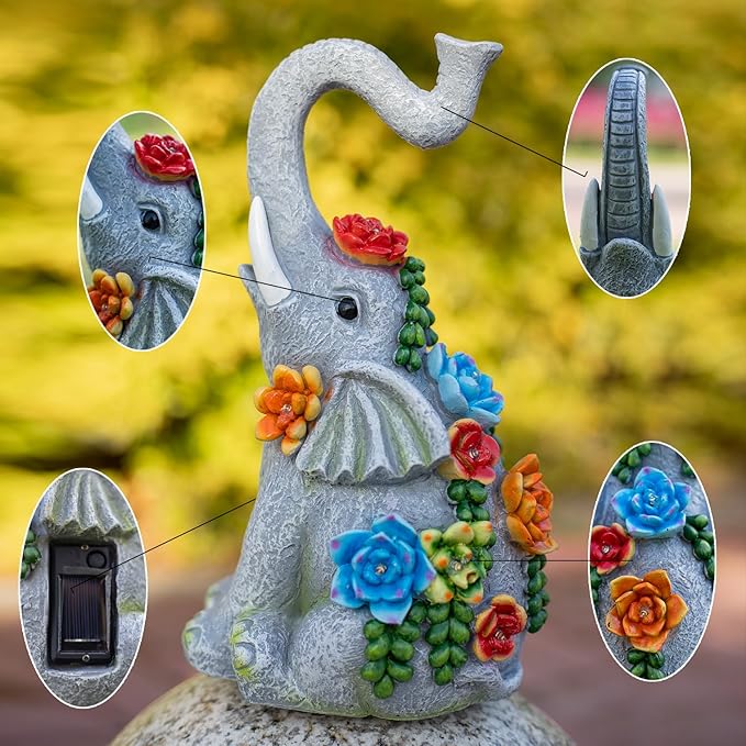 halp·ssfm Elephant Garden Statue Solar Lamp with 8 Led Lights Decor Outdoor Resin Waterproof Sculpture Patio Lawn Yard Porch Decorations Housewarming Gifts for Women Mom Grandma