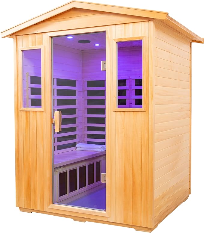 LTCCDSS Outdoor Basswood Sauna 4 Person Far Infrared Sauna, Red Cedar Canadian, Withstand Outdoor Temp -10℉-149℉| Low EMF Sauna Room for Home-12 Low EMF Boards-Chromotherapy-Bluetooth Speaker