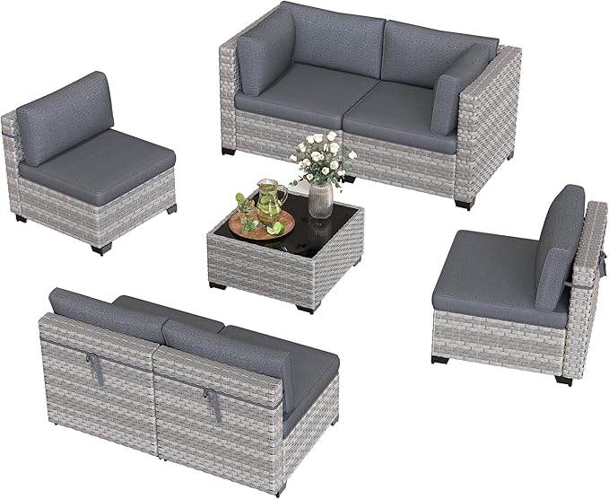 6-Seat Modular Patio Furniture Set – Outdoor Wicker Sectional Sofa with Thick 4″ Cushions, Dual-Strand PE Rattan, Rust-Resistant 18 mm Steel Frame, Backyard Garden Deck Lounge,Black