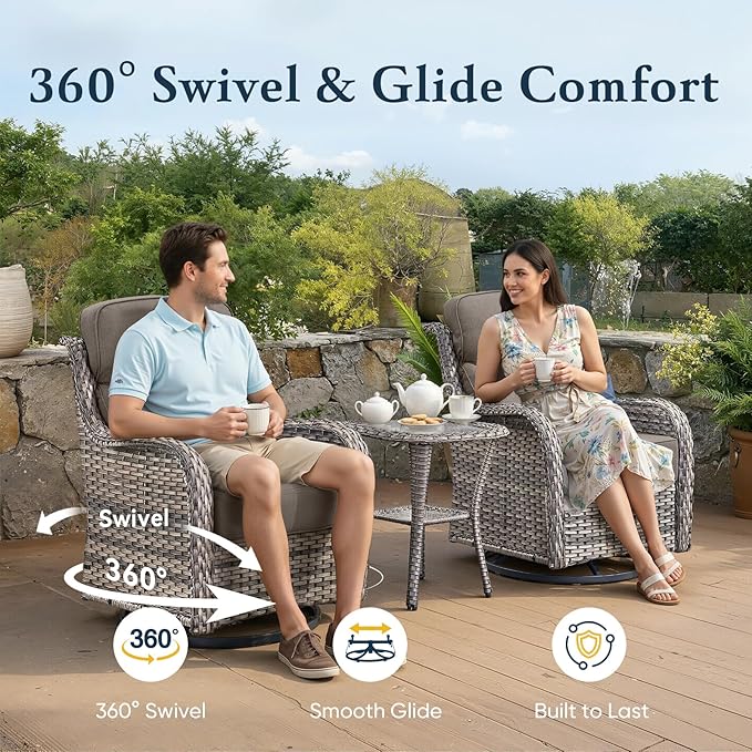 Belord Luxury 6" Thick Cushioned Outdoor Swivel Rocker Chairs Set of 4 with Fire Pit Table, High Back Wicker Patio Furniture Set with Ergonomic Zone Back, Conversation Set for Deck Porch - Grey+Grey