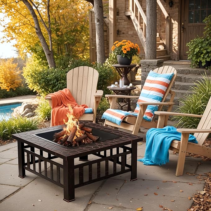 Greesum Multifunctional Patio Fire Pit Table, 32in Square Metal BBQ Firepit Stove Backyard Garden Fireplace with Spark Screen Lid and Rain Cover for Camping, Bonfire and Picnic, Reddish Brown