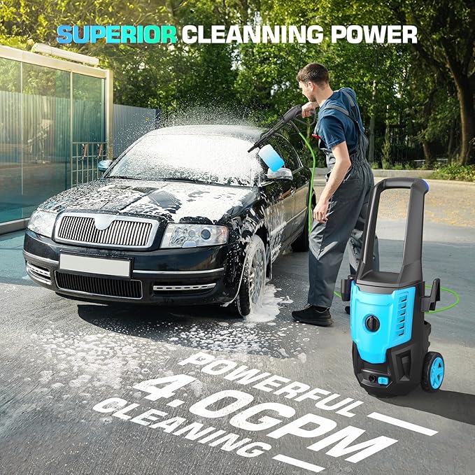 Electric Pressure Washer 5000PSI, High Power Washer with 33FT Hose Reel, 4 QC Nozzles and Soap Bottle, Power Cleaners Machine for Cars/Home/Driveways/Patios/Decks/Fences, Light Blue.