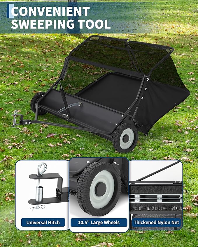 42" Lawn Sweeper Tow Behind, 21 Cu.Ft Capacity Pull Behind Yard Sweeper Large Leaf Collector, Leaf & Grass Catcher with Adjustable Brush Height & Dump from Seat Handle for Yard, Farm, Garden